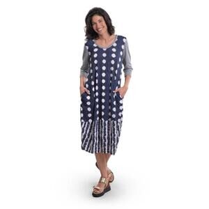 #2388 Alembika Duet Crinkle Cocoon Midi Dress Navy White US Size 10-12 Circles